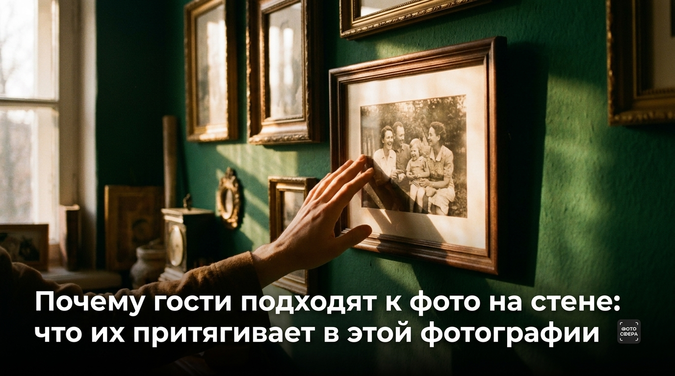 гости рассматривают фото на стене