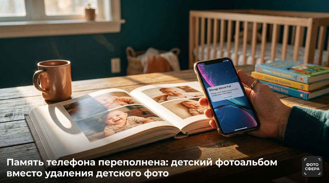 Заполненная память телефона с детским фотоальбомом